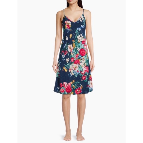 Johnny Was 100% silk slip midi dress in navy blue floral NWT - Picture 3 of 10